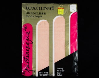 1960s Pink Stockings - Fine Salmon Melon Pastel Hosiery - 60s Picturesque Seamless Textured Sheer Worn with Garters - 8 1/2  - NIP Deadstock