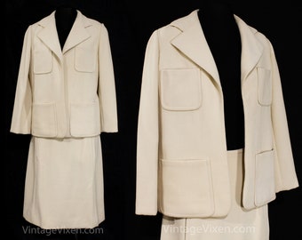 Size 10 James Galanos Suit - Posh 1960s Business Wear - Offwhite Cream Mod Minimalist Jacket & Skirt - Gorgeous Top Quality 60s Office Wear