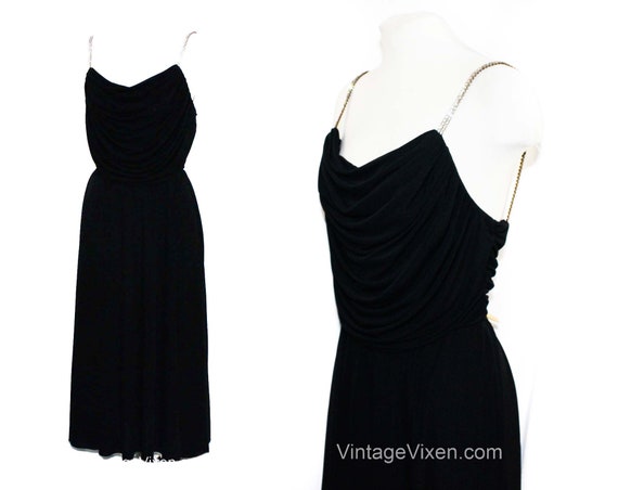 Flirty Date Night Dress - Black 1970s 80s Elegant Party Dress with Rhinestone Straps & Full Skirt - Silky Jersey Knit by Rimini - Waist 27