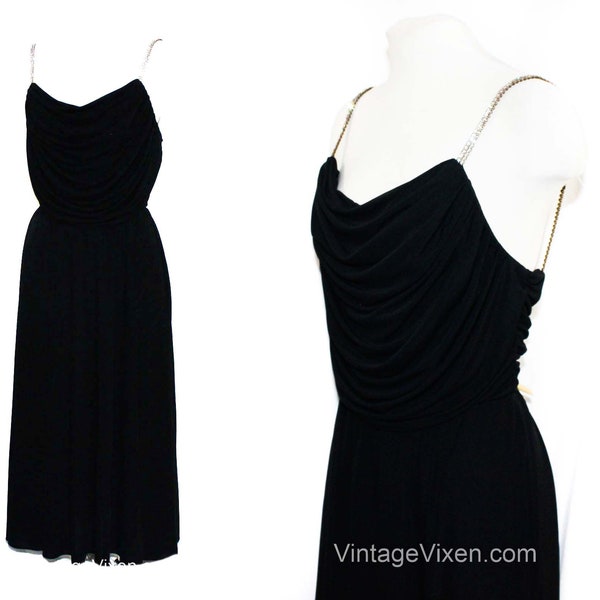 Flirty Date Night Dress - Black 1970s 80s Elegant Party Dress with Rhinestone Straps & Full Skirt - Silky Jersey Knit by Rimini - Waist 27
