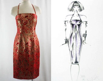 Sexy Red Dress - Small Designer Cocktail - Metallic Paisley Brocade - Strappy Fitted Party Dress - 1985 Dan De Santis Deadstock - Waist 28