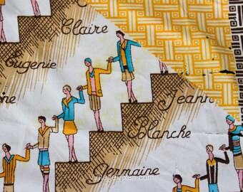 1920s Fashion Models Jersey Knit Fabric - 1970s Novelty Print Scenes - 2.4 Yards x 48" - Brown Yellow Turquoise Blue Art Deco Flappers
