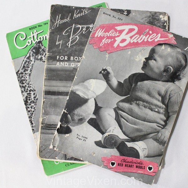 Lot of 3 1930s 40s Crochet & Knit Children and Baby Patterns - Cotton Babies Jumper - Boys and Girls Sweaters - Wool and Cotton Knitting