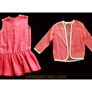 Girls Size 8 to 10 Flapper Style Dress - Mod 1960s Child&#39;s Pink Summer Sheath Pleated Skirt & Sheer Jacket - 60s Mini Go-Go Girl - Chest 30