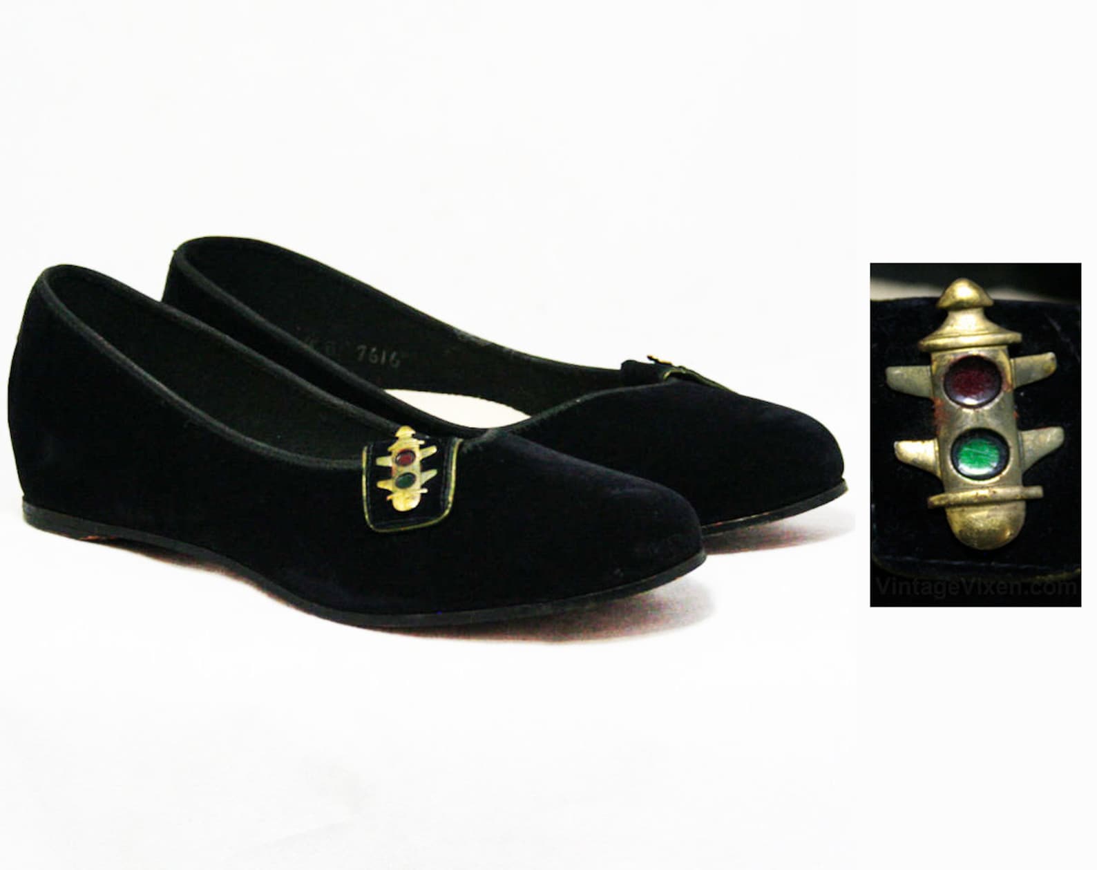 size 4 black shoes - traffic lights detail - small size 1950s swing style ballet flats - 50s bobby soxer shoe - 50's lindy h