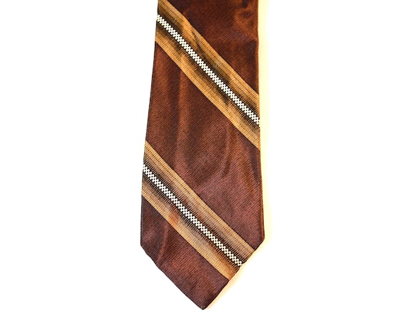 50s Men's Tie - 1950s Chestnut Brown Striped Silk Sharkskin