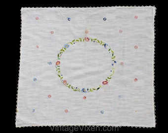 Picturesque Daisy Tablecloth - White Cotton Wild Flowers Hand Embroidered Square Table Cloth - Hand Sewn Pink Blue Green Yellow - 1940s 50s