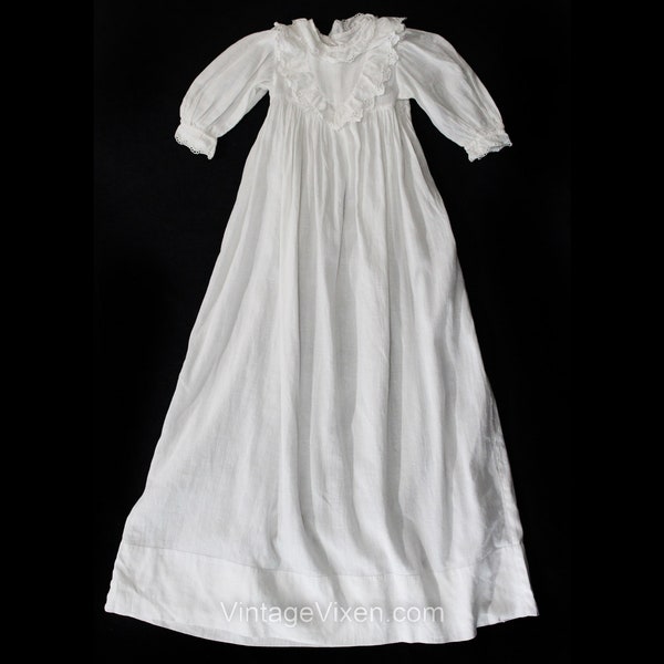 Antique Christening Gown - 1900s Victorian White Cotton Baby Heirloom Dress - Ruffles & Eyelet Embroidery - Very Long - Size 0 to 3 Months