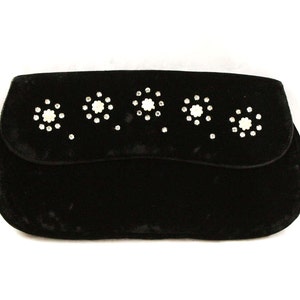 1950s Black Velvet Handbag - Evening Purse - 40&#39;s 50&#39;s Accessories - Winter Formal Bag - 1950s Small Purse with Rhinestones & Mini Flowers
