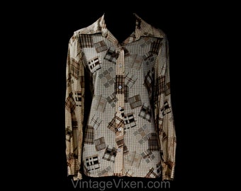 Shirt met patchworkprint maat 12 - jaren 70 blouse van pied-de-poule met lange mouwen - bruin en beige top met nieuwigheidprint - NWT dode inventaris - borst: 39,5