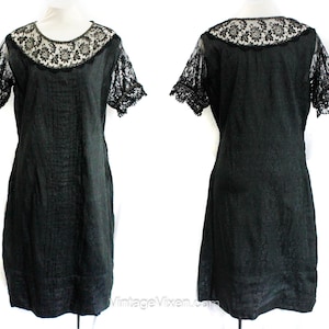 1920s Dress - Steel Gray Brocade with Sheer Black Lace & Beadwork - Short Sleeve Medium Large Authentic 20s Chemise - Size 10 Bust 39