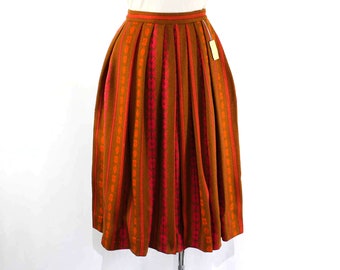 XXS 1950s Full Skirt - Vivid Tweedy Wool Stripes Pleats - 50s 60s Folk Size 0 - Brown Orange Pink Folkloric Scandinavian - NWT - Waist to 23