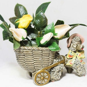 Spaghetti Poodle Figurine - Kitsch 50s Dog & Flower Filled Basket Cart - Pastel Pink Gray Yellow - Spring - Shell Flowers - So Cute! 2042071