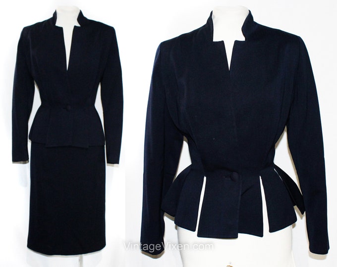 Small Lilli Ann Suit Navy Blue Gabardine Wool Suit Jacket Skirt Nipped ...
