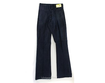 Men's 1970s Jeans - Small Mens Bell Bottom Flare Jean - Dark Indigo Denim Button Fly by Wrangler NWT Deadstock - Waist 27.5 Inseam 33