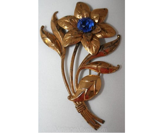 Elegant 1940s Gold Metal on Sterling Flower Pin w… - image 1