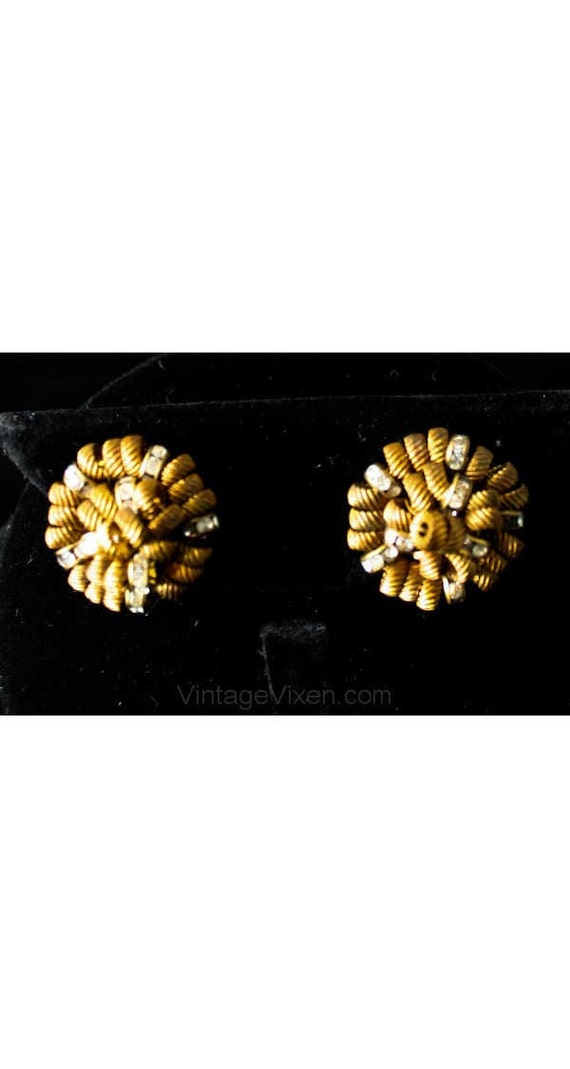 Antique Style 1950s Brass & Rhinestone Button Earr