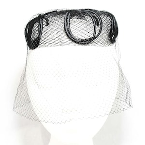 1960s Black Veiled Hat - 60s Sheer Net Pillbox Hat with Bird Cage Veil - Satin Loops - Elegant 60&#39;s Millinery - Bouffant Hairstyle Accent