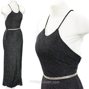 1970s Halter Dress - Sexy Disco Black & Silver Stripe Jersey Knit Evening Sheath with Rhinestone Belt - Dancing Queen - Small Bust 33