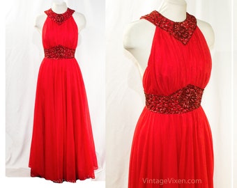 Red Evening Dress - Small 1970s Prom Gown - Gorgeous Size 4 Sleeveless Sequin Bodice 70s Bombshell Beauty Cutaway Back Full Skirt - Waist 25