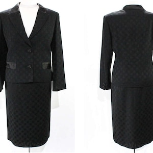 Designer Celine Suit - Paris Label Black Wool Jacket & Skirt - 1980s 1990s Business Formal Large Evening Suit - Satin Trim - Waist 31