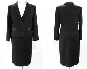 Designer Celine Suit - Paris Label Black Wool Jacket & Skirt - 1980s 1990s Business Formal Large Evening Suit - Satin Trim - Waist 31