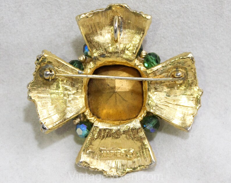 1970s Napier Striking Maltese Cross Pendant Necklace Rainbow Watermelon Faceted Glass Stone Bold Collectable Converts to Brooch Pin
