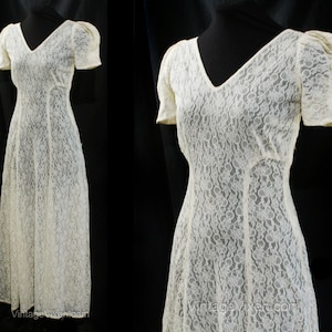 Size 8 1930s Dress - Sheer Cream Floral Net Lace Evening Gown - Authentic 30s See Through Frock - Puff Sleeves & Full Skirt - Medium Bust 36