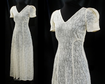Size 8 1930s Dress - Sheer Cream Floral Net Lace Evening Gown - Authentic 30s See Through Frock - Puff Sleeves & Full Skirt - Medium Bust 36