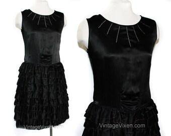 1920s Flapper Dress - XS Black Silk Satin 20s Cocktail Party Frock - Robe Du Soir - Drop Waist, Ruffle Skirt, Metallic Trim - Size 2 Bust 32