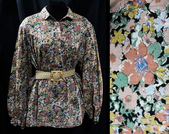 XL Peasant Top - Chic 1970s Floral Print Poet Shi… - image 1