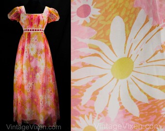 Pink 1960s Dress - Spring Summer Empire Evening Gown - Medium 60s Pink & Orange Daisy Print - Floral Daisies - Velvet Ribbon - Bust 38.5