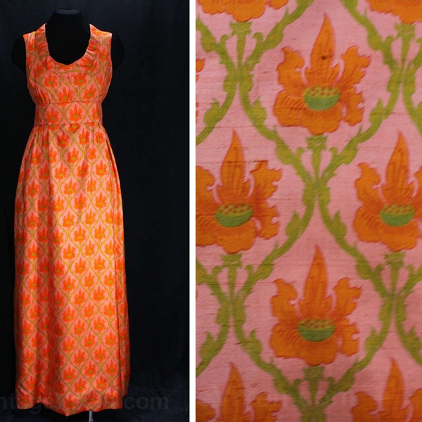 Size 10 Orange Dress - 1960s Thai Silk Maxi Gown - 60s Summer Evening Chic - Flourish Wallpaper Floral - Sleeveless - Bust 36.5 - 46749
