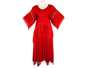 Red Boho Dress - 1970s Hippie Festival Tunic with Fringe Sleeves & Handkerchief Hem - 70s Sun Dress by Natural Woman - XS Bust 30 to 32