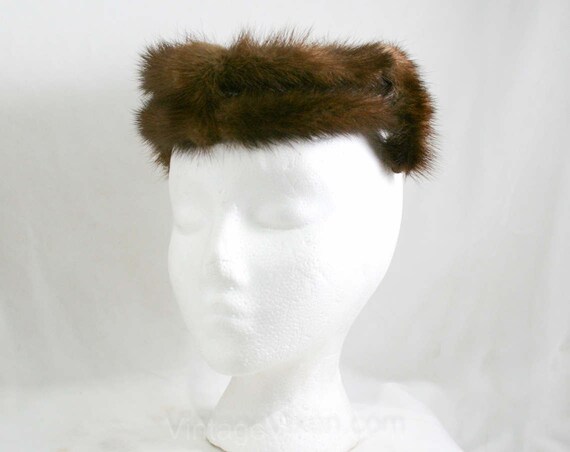 Vintage 50s 60s Real Fur Headband Brown Mink Style Winter Halo Hat Beautiful Vintage 1950s era Mitzi Lorenz real fur hat. Size  main image 4