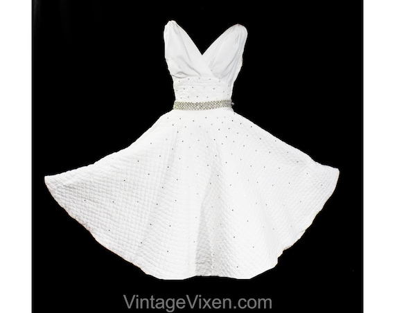 XXS 1950s Sun Dress - Rare White Quilted Summer T… - image 1