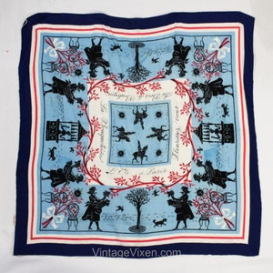 1940s Novelty Print Scarf - Paris France Park Scenes - Flower Sellers & Horseback Riders - Bois de Boulogne - Blue Pink Border Print Silk