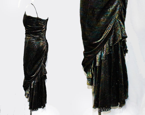 Sexy 1970s Disco Dress - Rainbow Metallic Black Shirr… - Gem
