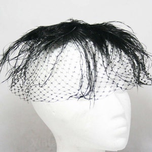 1950s Black Veiled Hat - 60s Sheer Net Cage Veil & Wispy Black Feathers - Glamorous 50&#39;s Millinery - Bouffant Marilyn Look Hairstyle Accent