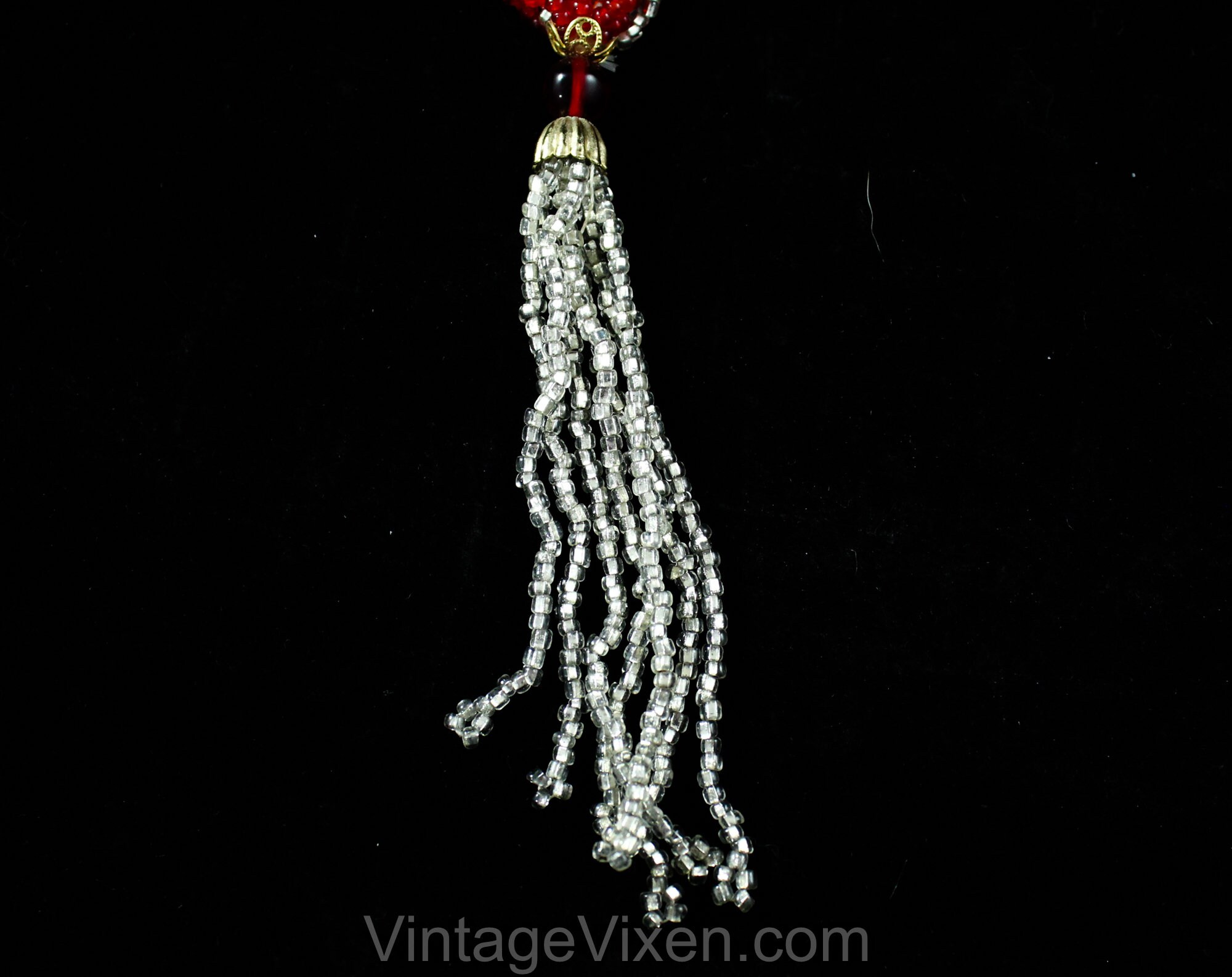 Beaded Braid Belt With Tassels - Red & Silver Glass Beads 