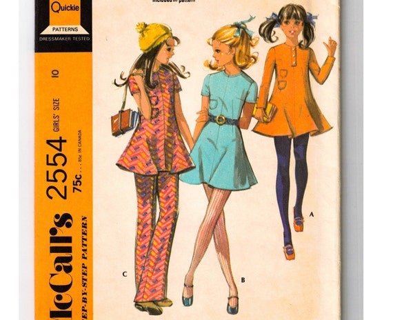 1960s Girl's Mini Dress Sewing Pattern With Pants or Leggings Size 10  Childs Mod Fashion Dated 1970 Short Long Sleeve Mccall's 2554 
