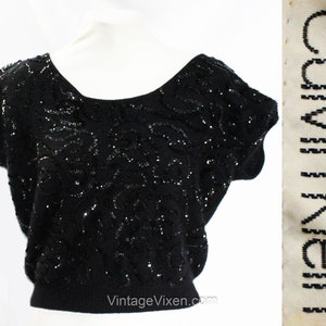 Black Angora Sweater - Medium 1980s Calvin Klein Off Shoulder Top - Sexy 80s Glamour Punk - Sequins on Fluffy Knit - Size 10 Bust 38