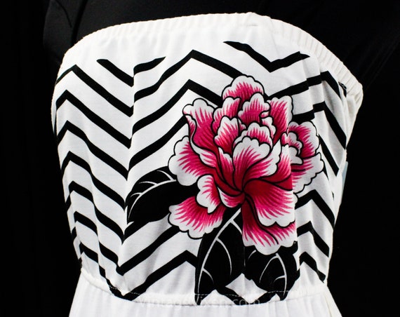 1980s Sun Dress - Black & White Zig Zag with Fusc… - image 3