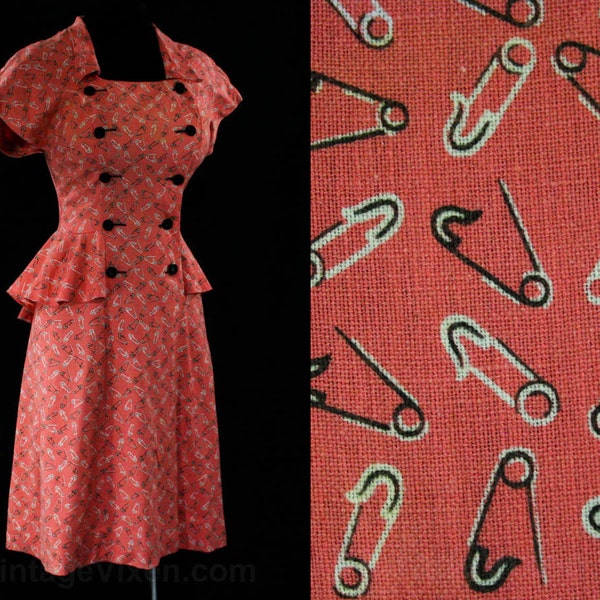 Size 4 Pink 40s Novelty Print Dress - 1940s Safety Pins Faux Linen - Pink & Black Rayon - Flirty Peplum - Summer - Waist 25.5 - 44750