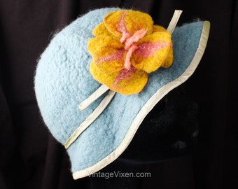 Flapper Cloche Hat - Hand Felted Blue Deco Style Bell Shaped Hat with Single Ochre Flower - Y2K Does 1920's Summer Hat - Great Gatsby