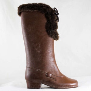 Girls Victorian Style Boots - Child Size 11 - 1950s 60s with Antique Look - Brown Faux Fur Lace Up Waterproof Rain Shoe - NOS Deadstock