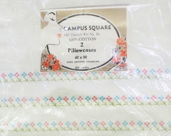 Pair 1950s Pillow Cases - 50s 60s Bedroom Decor - Two White Cotton Pillowcases with Pink Blue Green Daisies - 140 Thread Count NIP Deadstock
