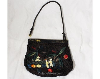 Rare 1930s Purse - As Is Display Only 20s 30s Asian Novelty Scene Handbag - Carved Art Deco Celluloid & Silk Ribbon Work - Plastic Broken