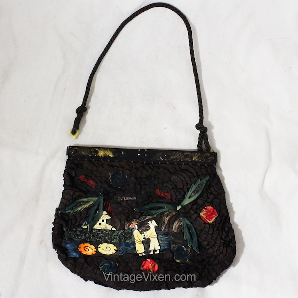 Rare 1930s Purse - As Is Display Only 20s 30s Asian Novelty Scene Handbag - Carved Art Deco Celluloid & Silk Ribbon Work - Plastic Broken