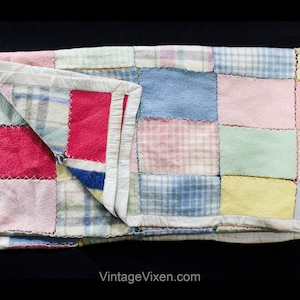 1940s Wool Blanket - Pastel Pink, Blue, Green & Yellow Felt Patches - Wooly Soft Cozy Couch Throw - 30s 40s Double or Queen - 72 x 73 Inches